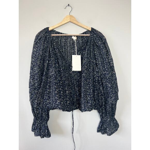 NWT Ulla Johnson Cora Puff-Sleeve Tie Layered Boat Neck Blouse Navy Blue Size: 2 - Picture 2 of 8